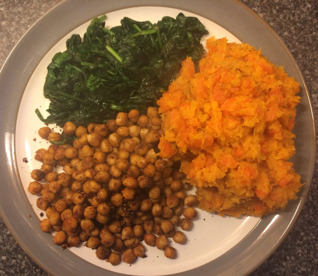 sweet potato and carrot mash with chickpeas and spinach